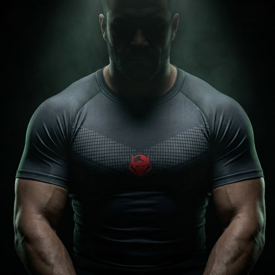Goblin Gear Redline Compression Tee – man wearing a dark athletic shirt with a red logo on a black background