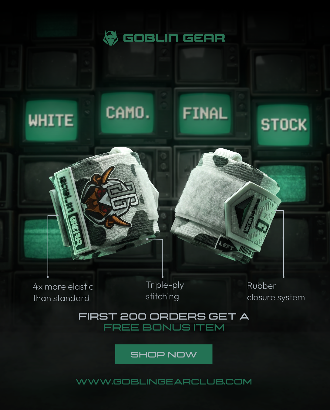 Goblin Gear RETRO 20" 1x Super Heavy Duty Wrist Wraps (White Camo) – retro series product graphic